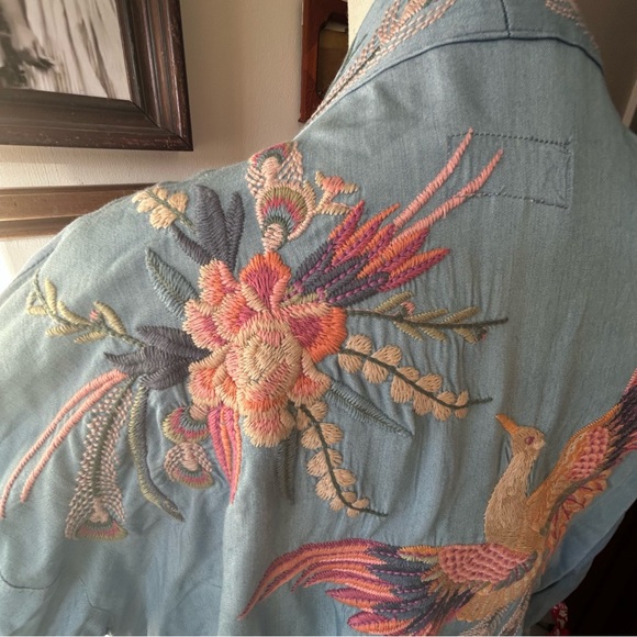 Johnny Was Workshop Embroidered Kimono Coat Medium Light Blue Pink Green - Picture 12 of 16